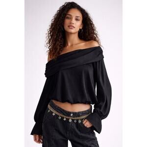 Free People Jenna Off Shoulder Black Blouse NWT Size Small Statement Sleeves